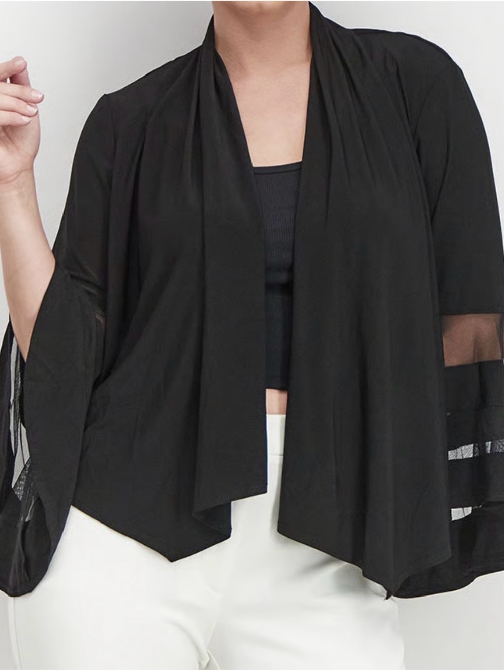 Quiet Luxury Glamorous Black Open Cardigan w/Tiered Semi Sheer Bell Sleeves